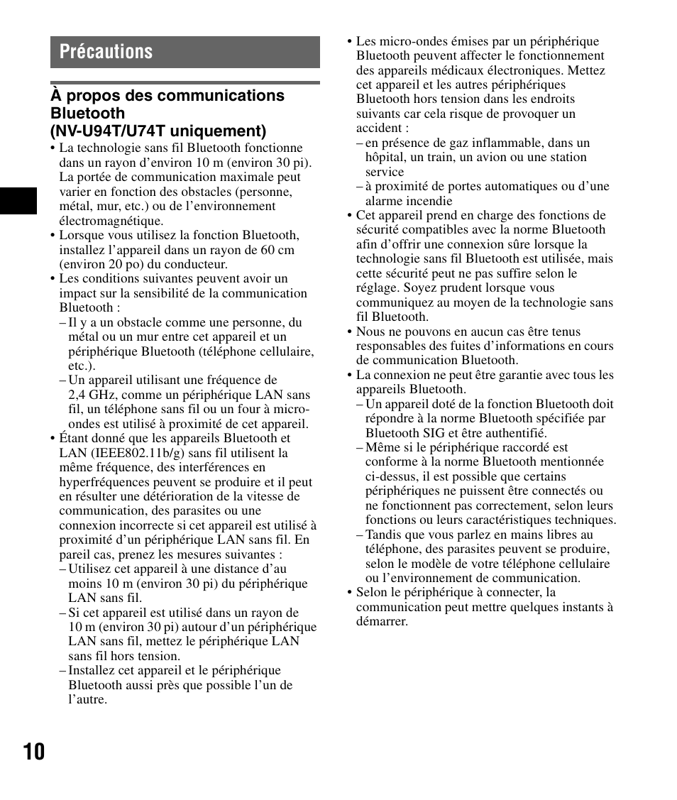 Précautions | Sony NV-U84 User Manual | Page 28 / 60