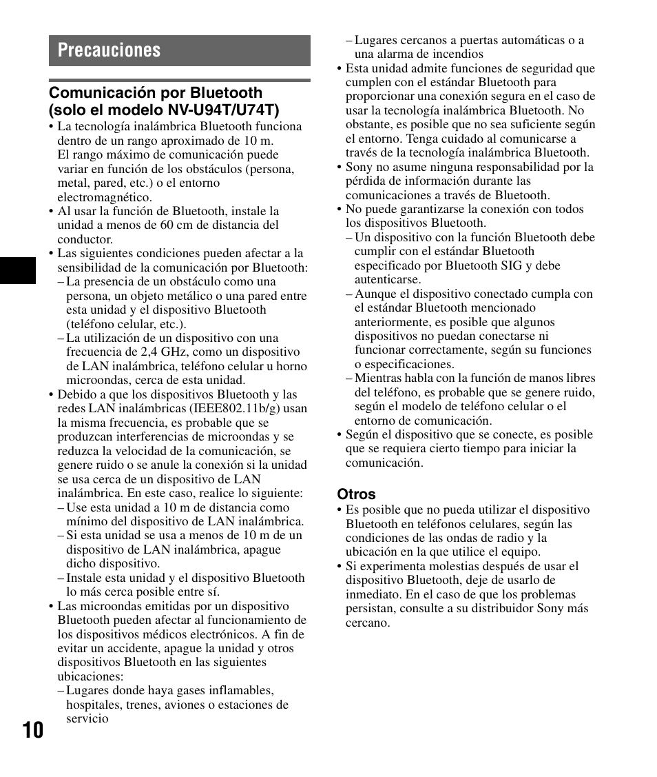 Precauciones | Sony NV-U84 User Manual | Page 48 / 60