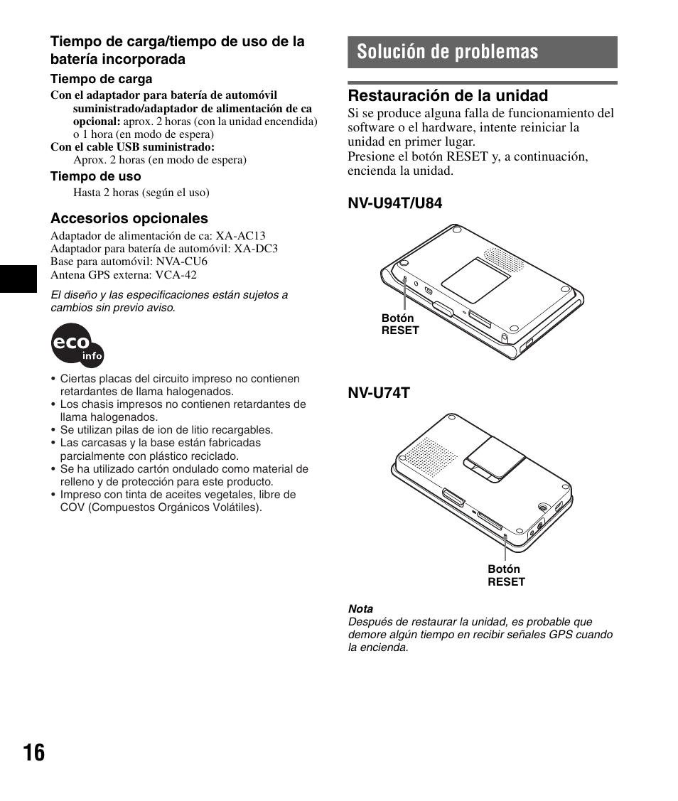 Solución de problemas, Restauración de la unidad | Sony NV-U84 User Manual | Page 54 / 60
