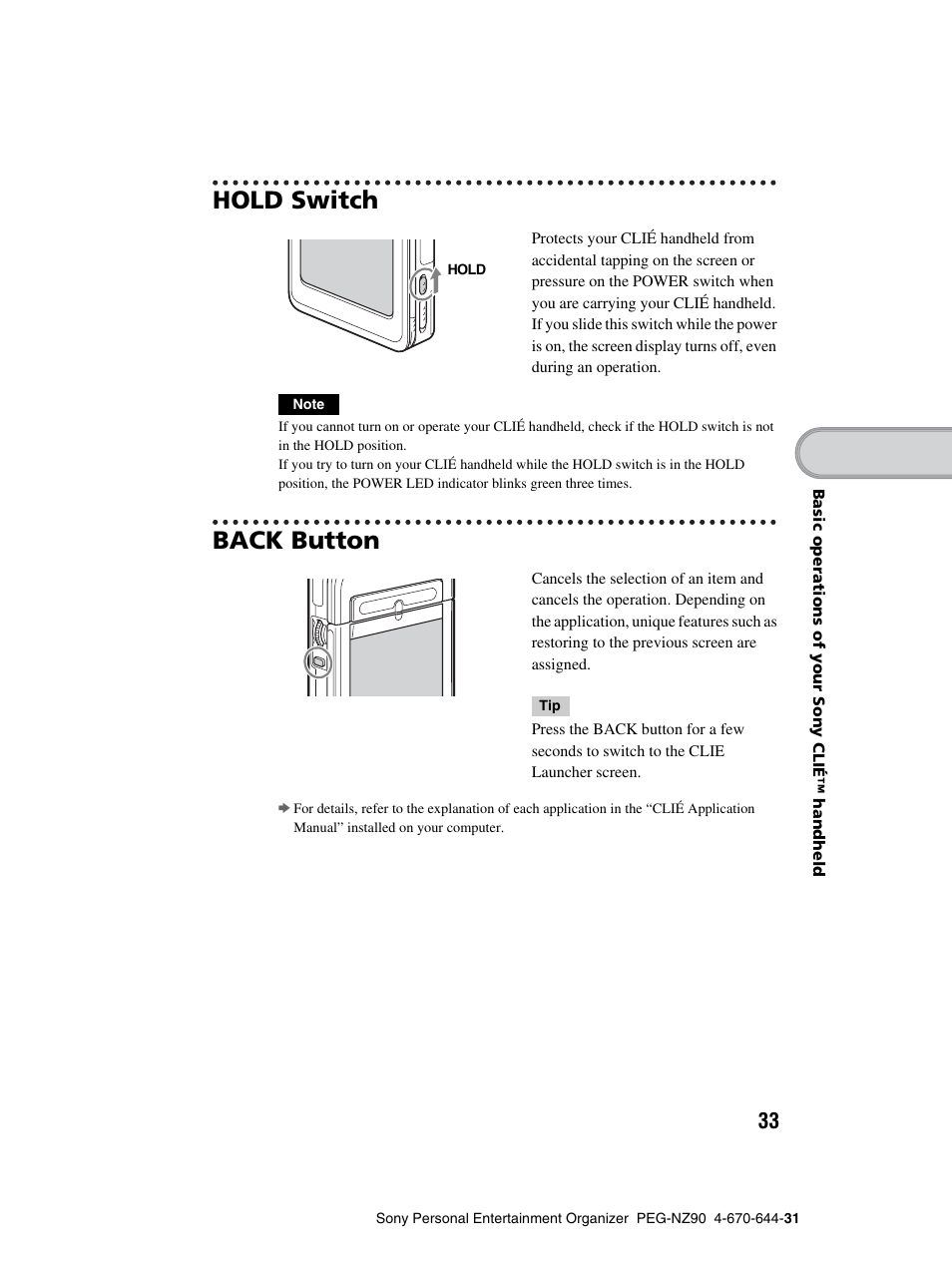 Hold switch, Back button | Sony PEG-NZ90 User Manual | Page 33 / 115