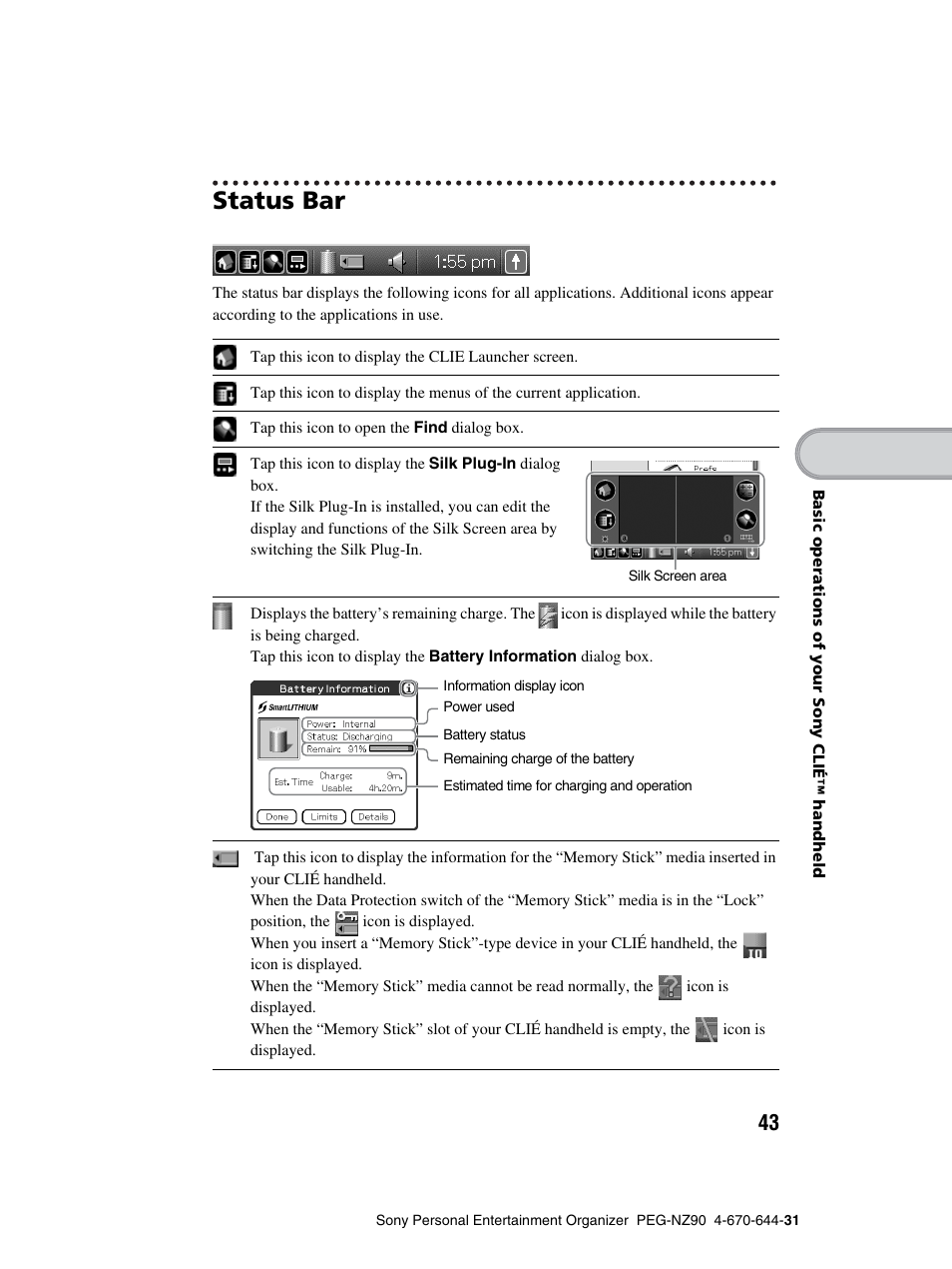 Status bar | Sony PEG-NZ90 User Manual | Page 43 / 115