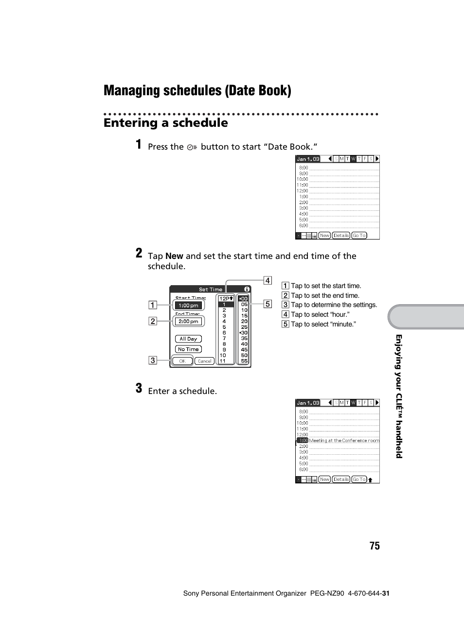 Managing schedules (date book), Entering a schedule | Sony PEG-NZ90 User Manual | Page 75 / 115
