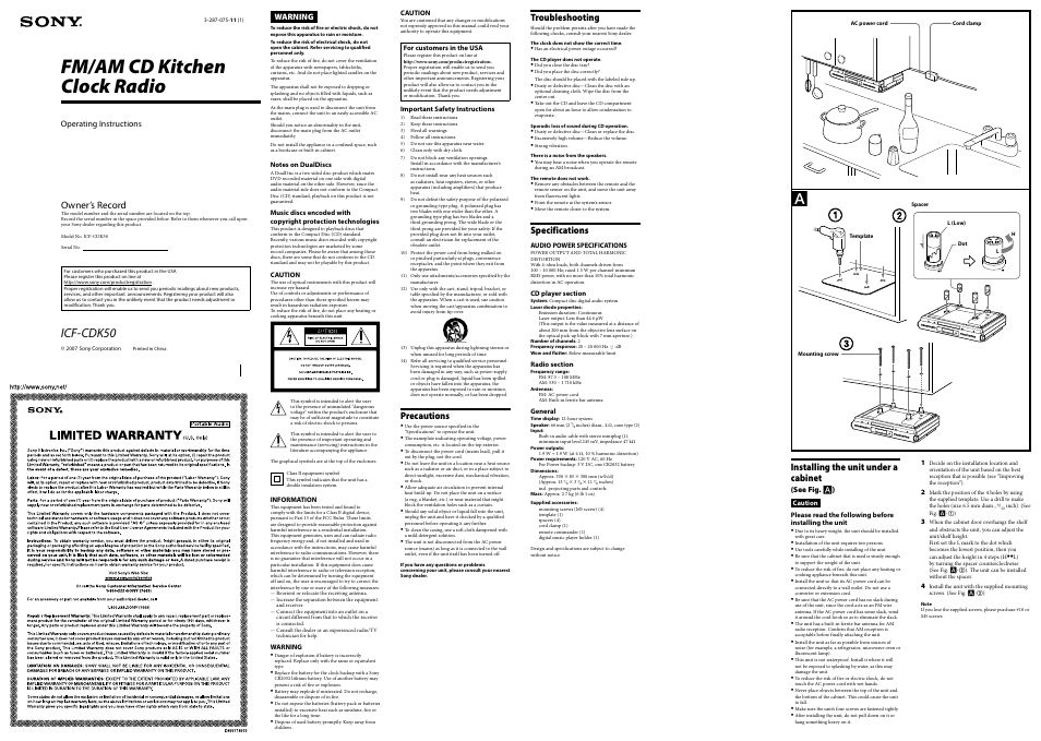 Sony ICFCDK50 User Manual | 2 pages