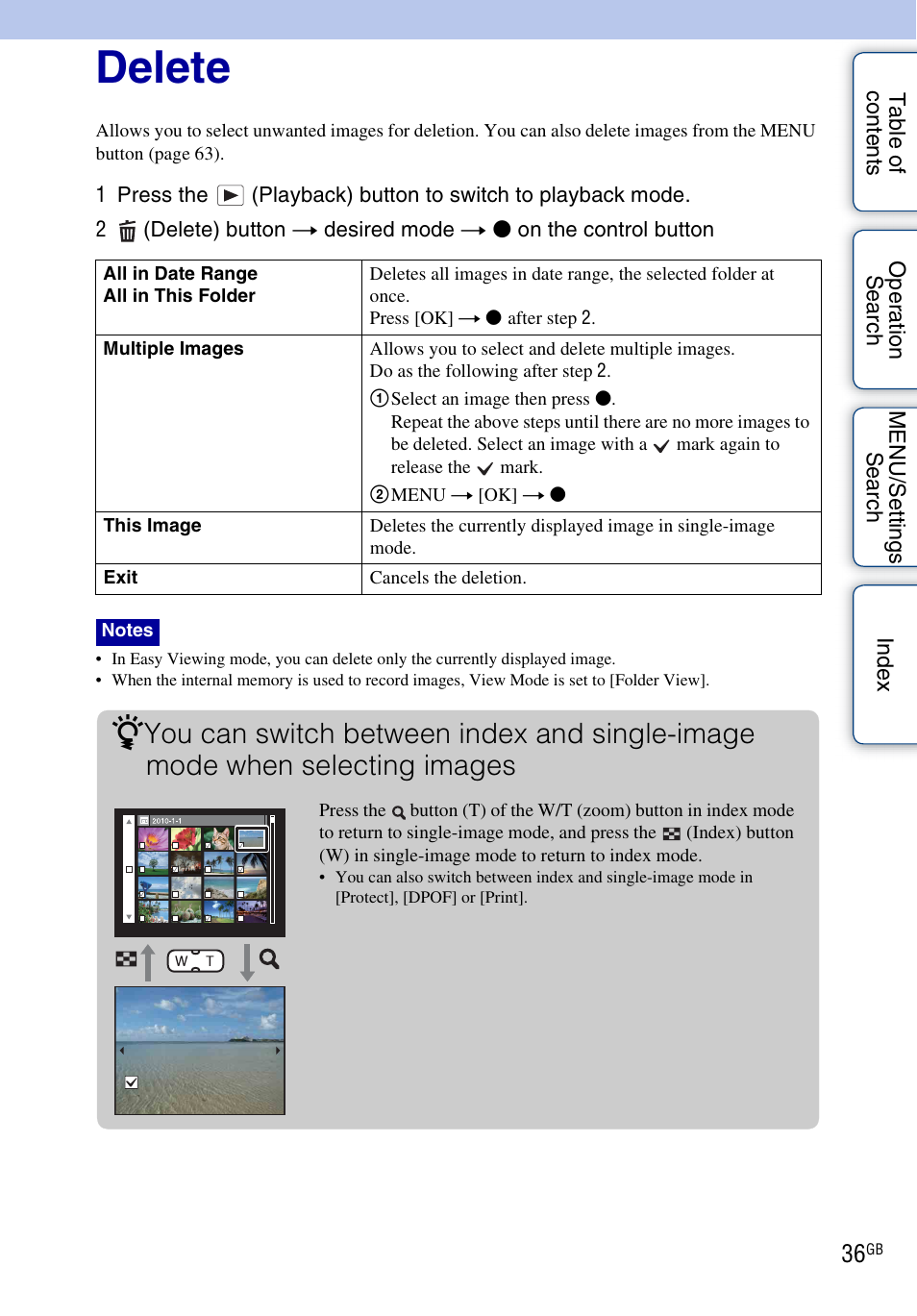 Delete | Sony Cyber-shot 4-176-667-12(1) User Manual | Page 36 / 128
