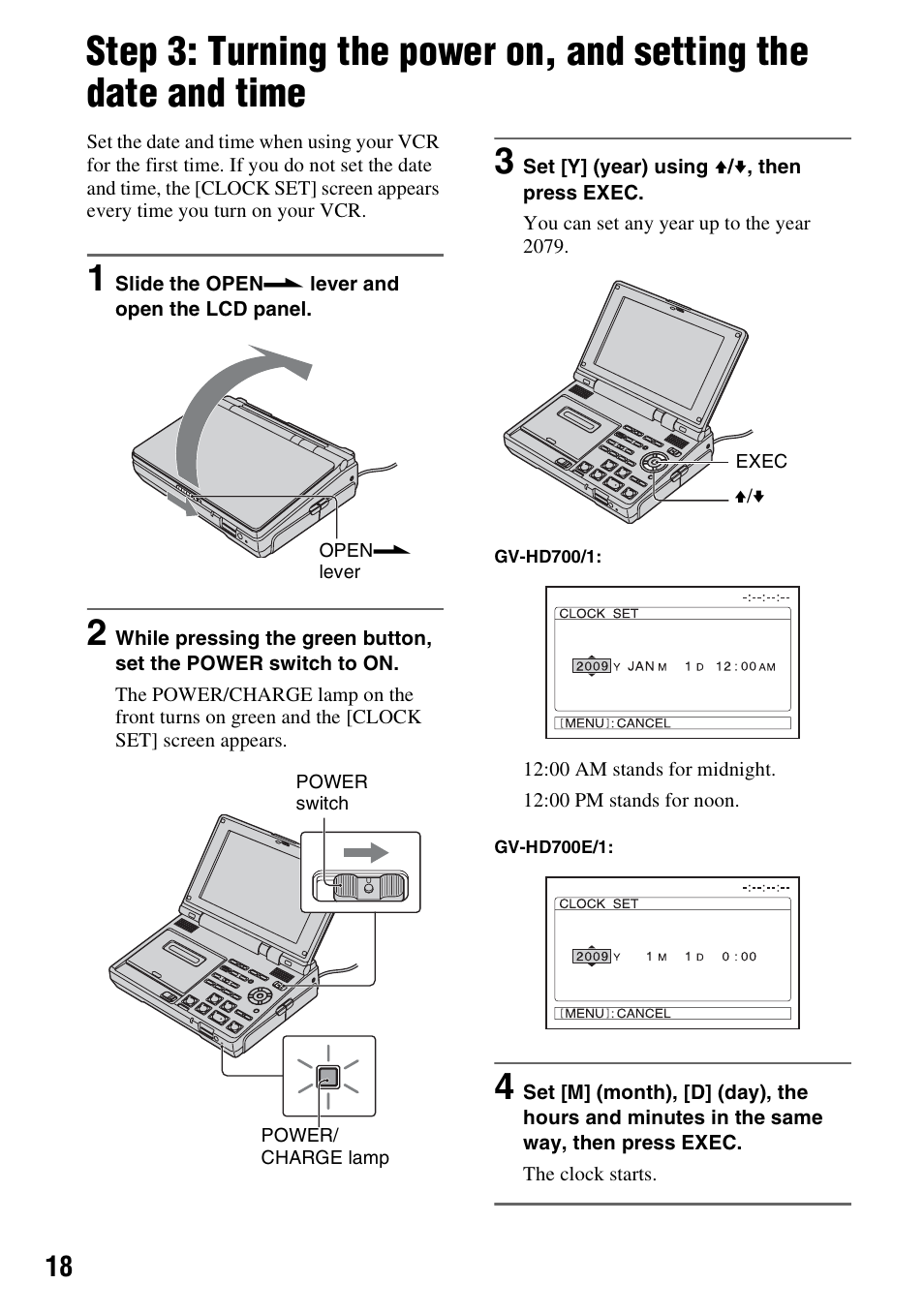 Step 3: turning the power on, and, Setting the date and time | Sony GV-HD700E User Manual | Page 18 / 112