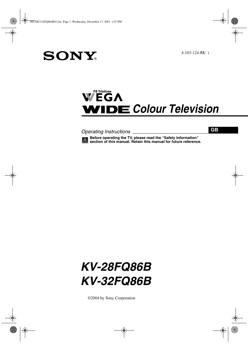 Sony FD Trinitron WEGA KV-32FQ86B User Manual | 32 pages