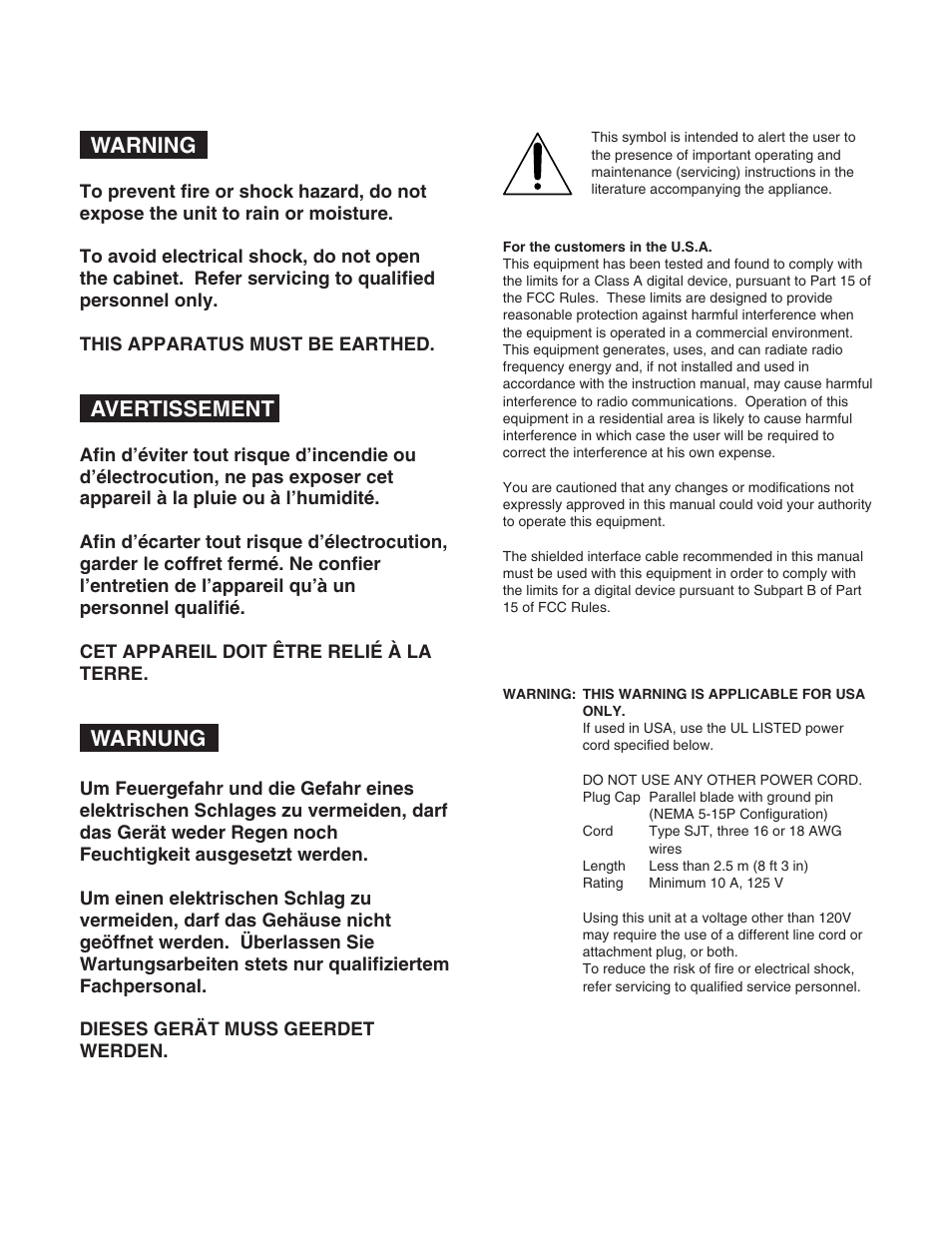 Warning, Avertissement, Warnung | Sony HDW-M2100 User Manual | Page 2 / 115