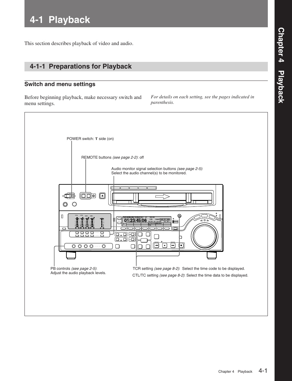 Chapter 4 playback, 1 playback, 1-1 preparations for playback | Chapter 4 pla ybac k, Switch and menu settings | Sony HDW-M2100 User Manual | Page 34 / 115