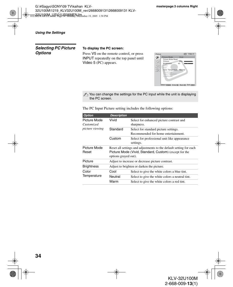 Selecting pc picture options | Sony KLV-40U100M User Manual | Page 34 / 48