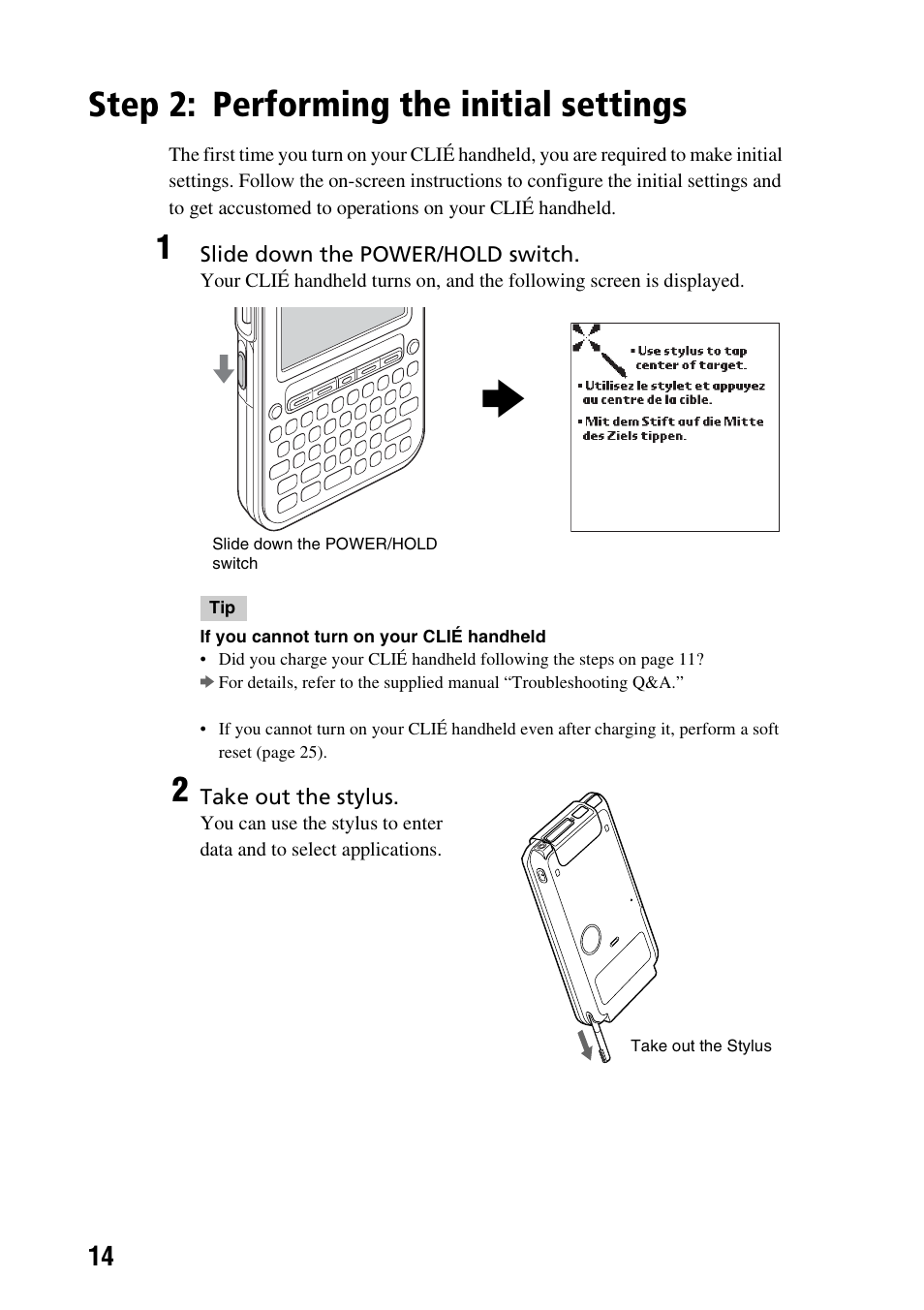 Step 2: performing the initial settings, Performing the initial settings | Sony PEG-TG50 User Manual | Page 14 / 100