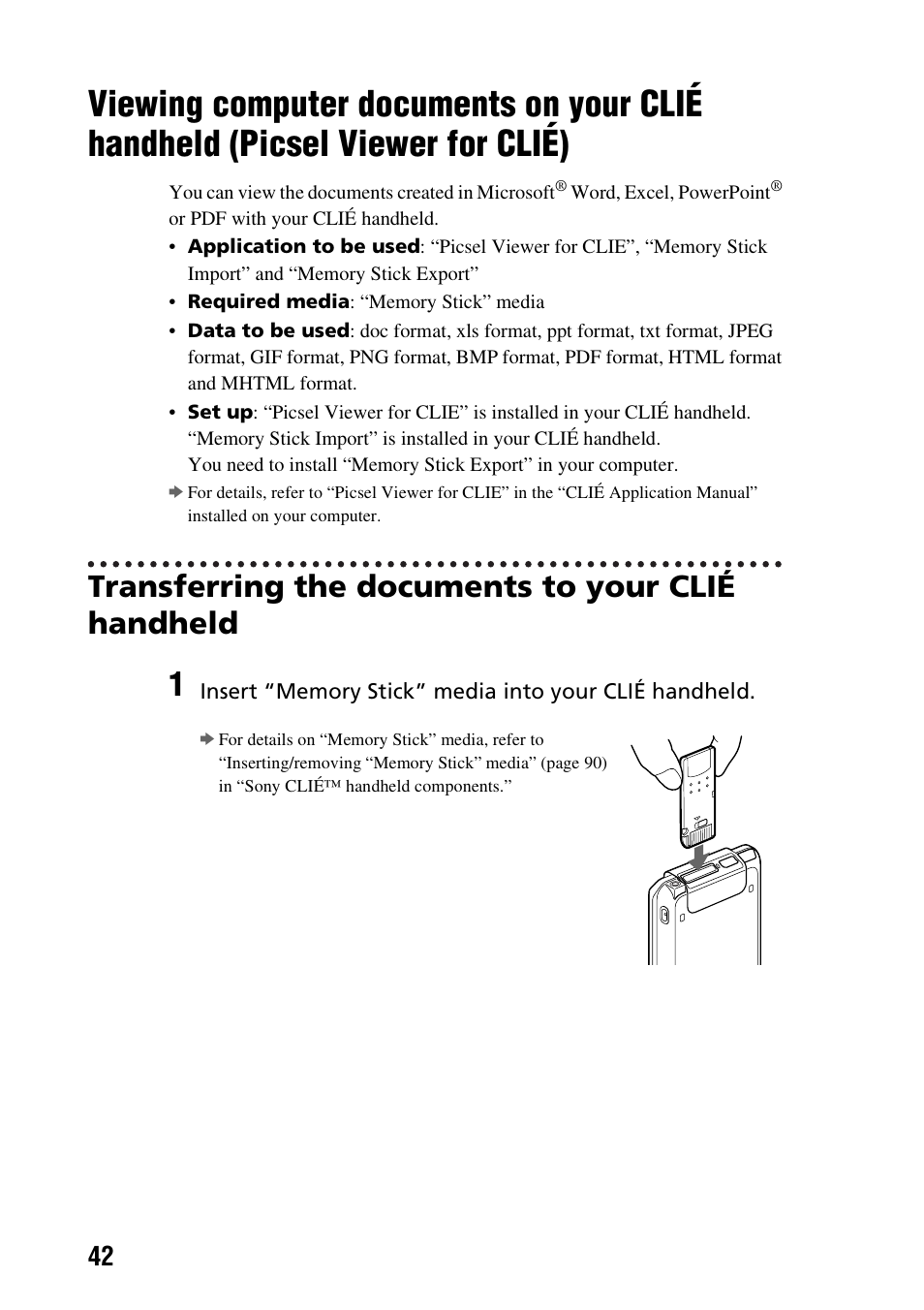 Transferring the documents to your clié handheld, Viewing computer documents on your, Clié handheld (picsel viewer for clié) | Sony PEG-TG50 User Manual | Page 42 / 100