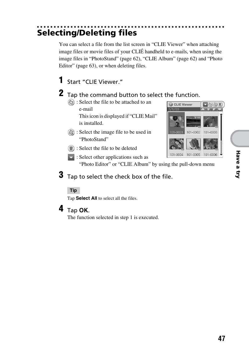 Selecting/deleting files | Sony PEG-TG50 User Manual | Page 47 / 100