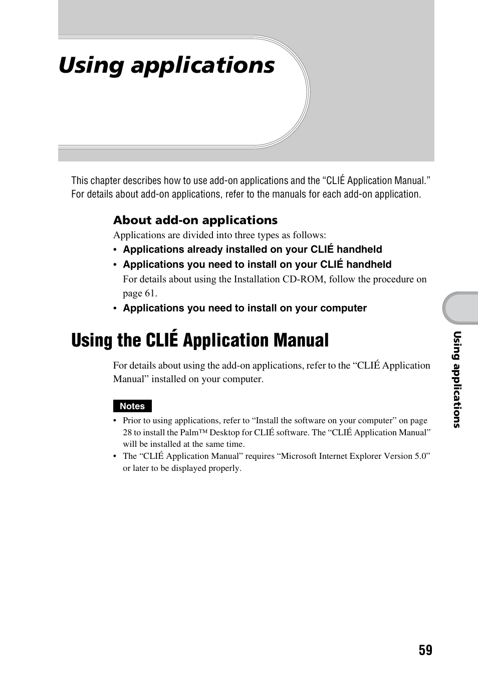 Using applications, Using the clié application manual | Sony PEG-TG50 User Manual | Page 59 / 100