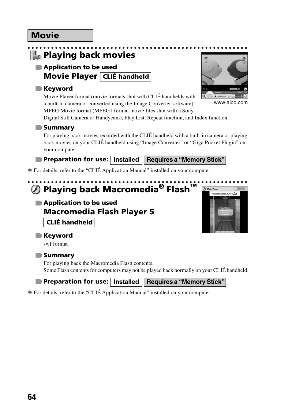 Playing back movies, Playing back macromedia® flash, Playing back macromedia | Flash, Movie, Movie player, Macromedia flash player 5 | Sony PEG-TG50 User Manual | Page 64 / 100
