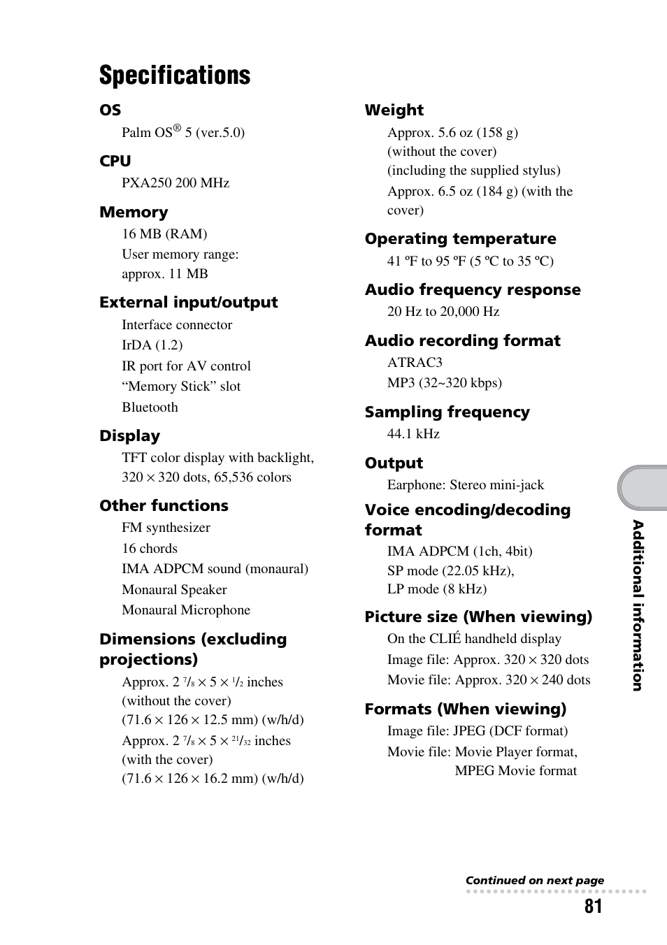 Specifications | Sony PEG-TG50 User Manual | Page 81 / 100