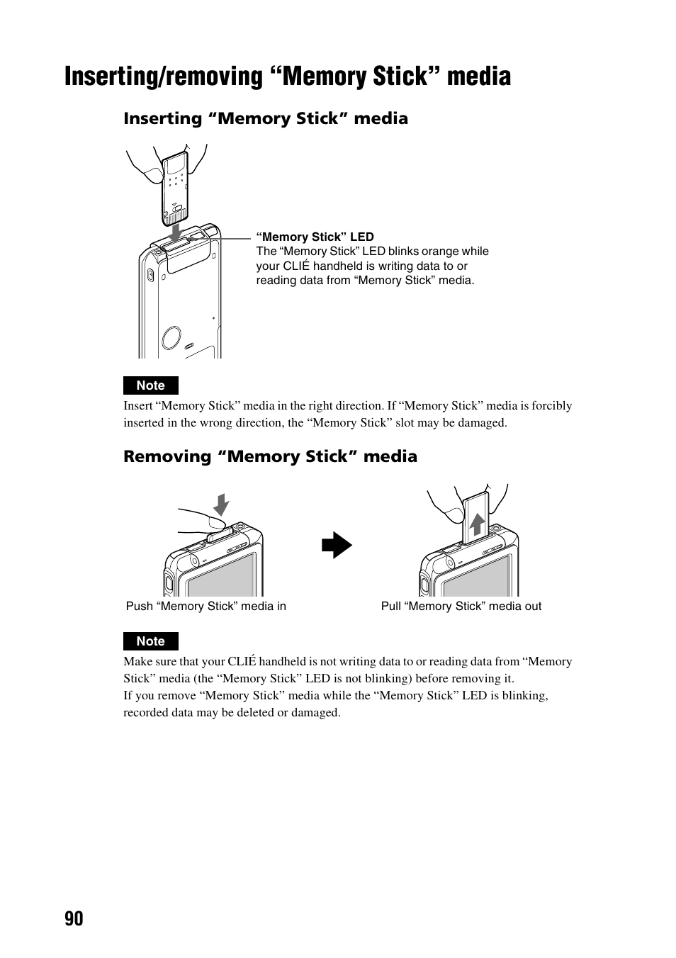 Inserting/removing “memory stick” media, Inserting/removing “memory stick, Media | Sony PEG-TG50 User Manual | Page 90 / 100
