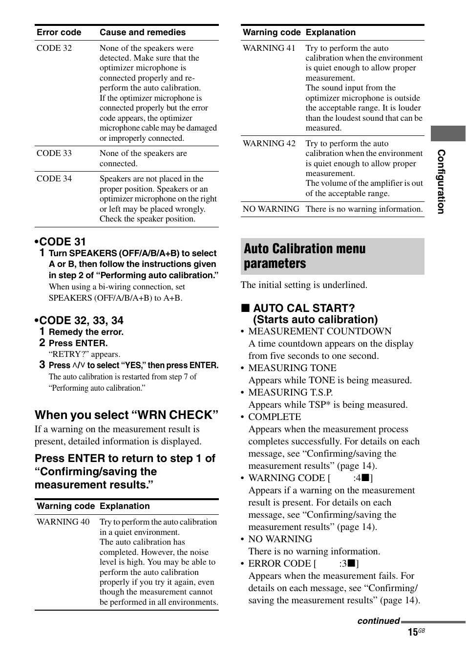 When you select “wrn check, E 15), Auto calibration menu parameters | Sony TA-FA1200ES User Manual | Page 15 / 91