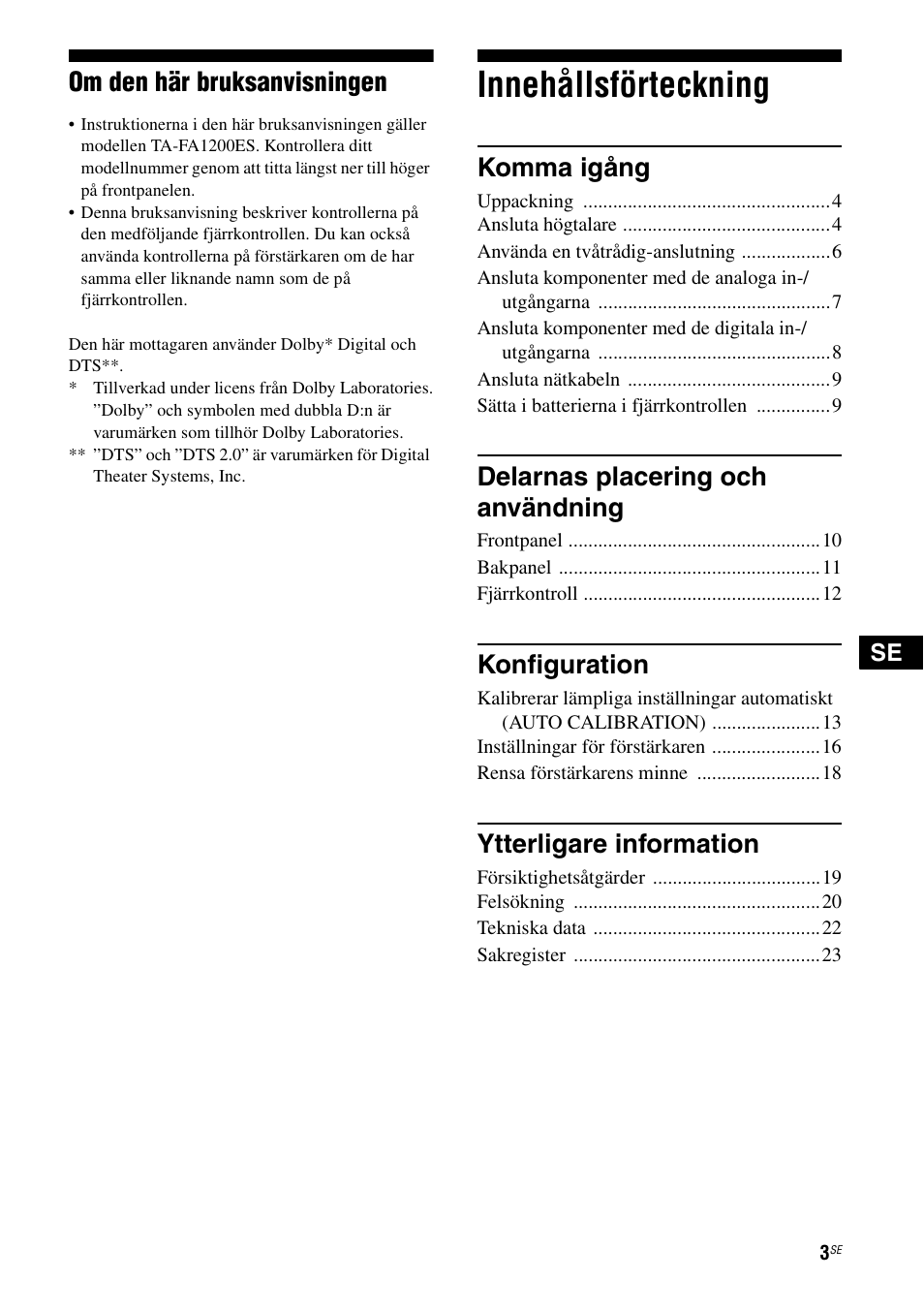 Innehållsförteckning, Om den här bruksanvisningen, Komma igång | Delarnas placering och användning, Konfiguration, Ytterligare information | Sony TA-FA1200ES User Manual | Page 47 / 91