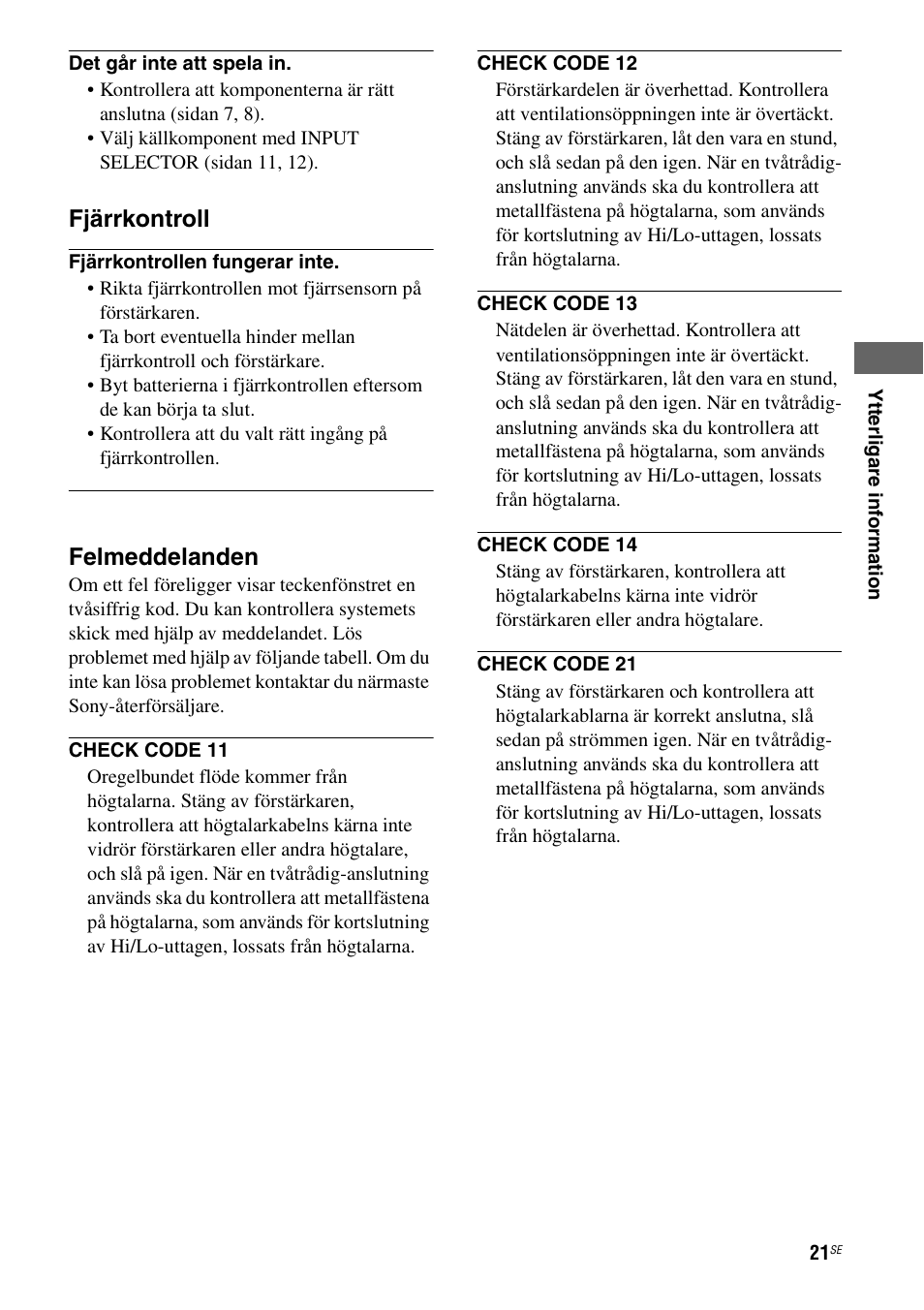 Fjärrkontroll, Felmeddelanden | Sony TA-FA1200ES User Manual | Page 65 / 91
