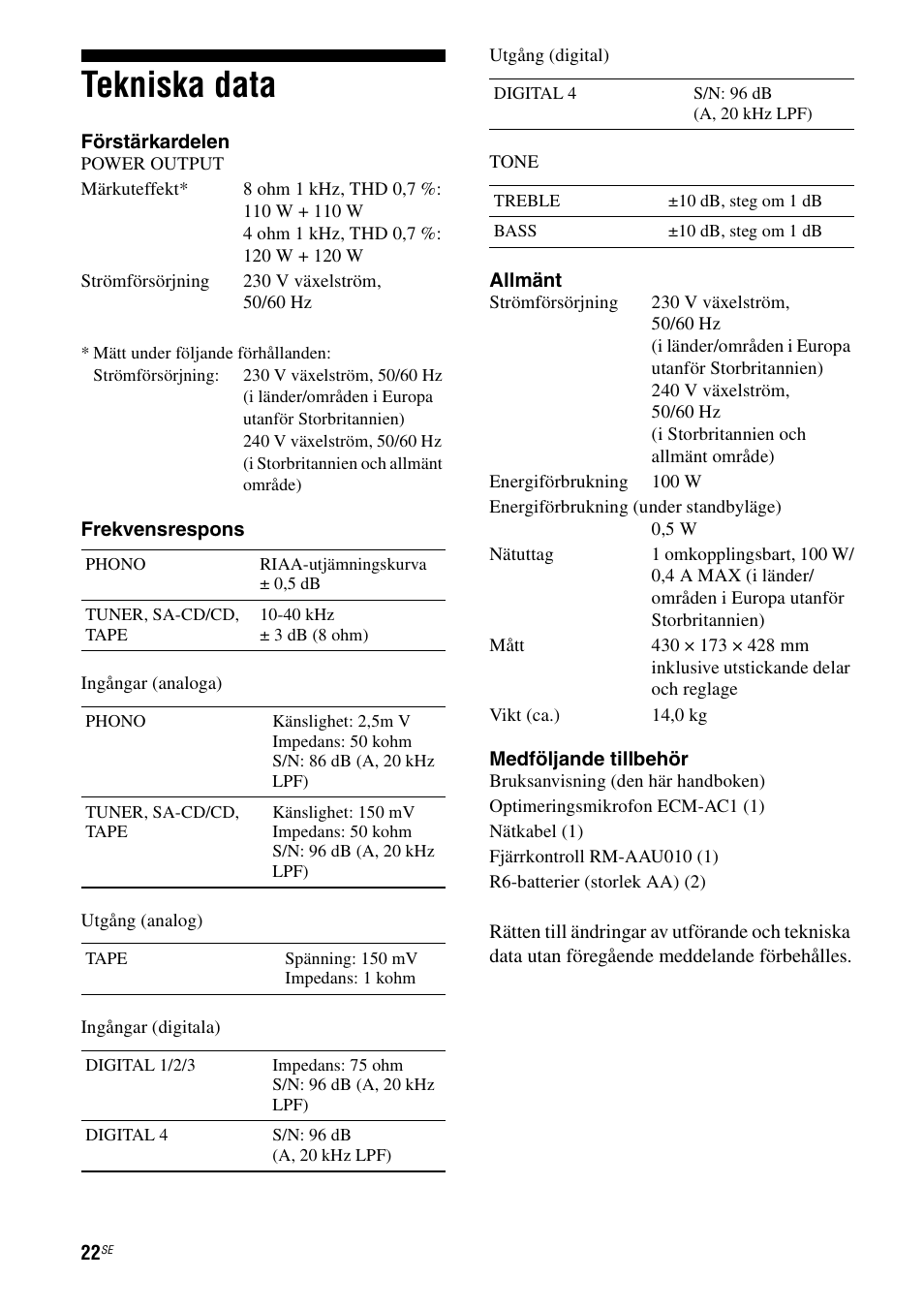 Tekniska data | Sony TA-FA1200ES User Manual | Page 66 / 91