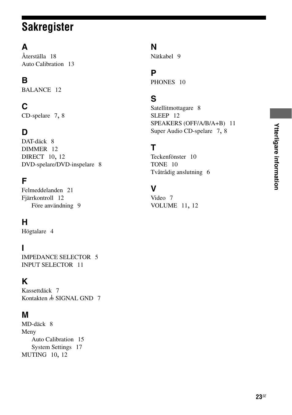 Sakregister | Sony TA-FA1200ES User Manual | Page 67 / 91
