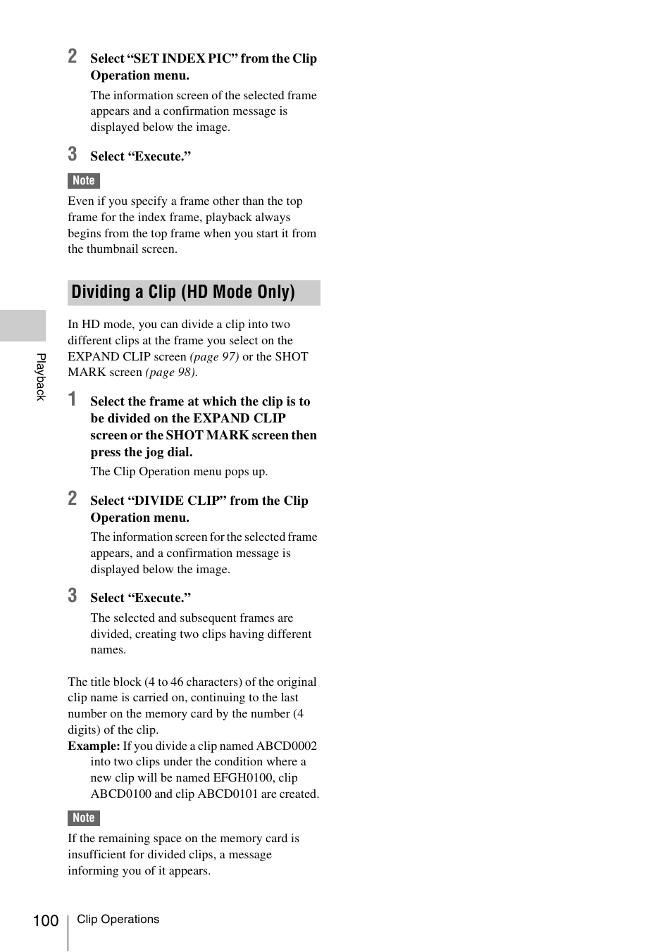 Dividing a clip (hd mode only) | Sony PMW-F3K User Manual | Page 100 / 164