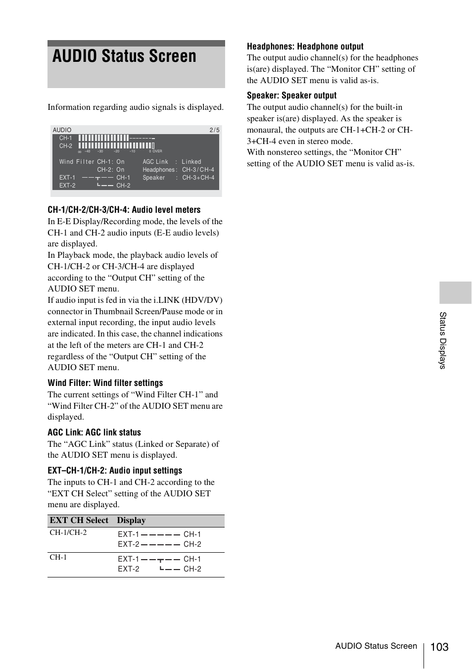 Audio status screen | Sony PMW-F3K User Manual | Page 103 / 164