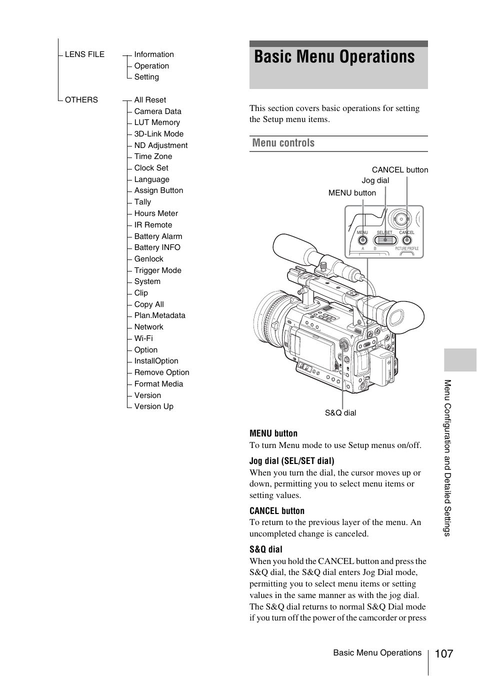 Basic menu operations, Menu controls | Sony PMW-F3K User Manual | Page 107 / 164