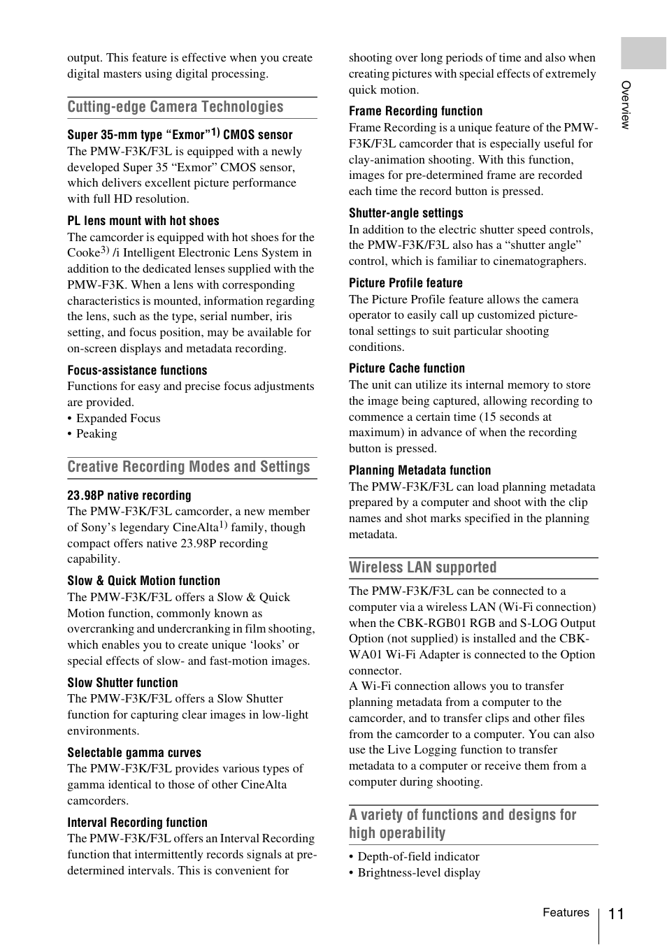 Cutting-edge camera technologies, Creative recording modes and settings, Wireless lan supported | Sony PMW-F3K User Manual | Page 11 / 164