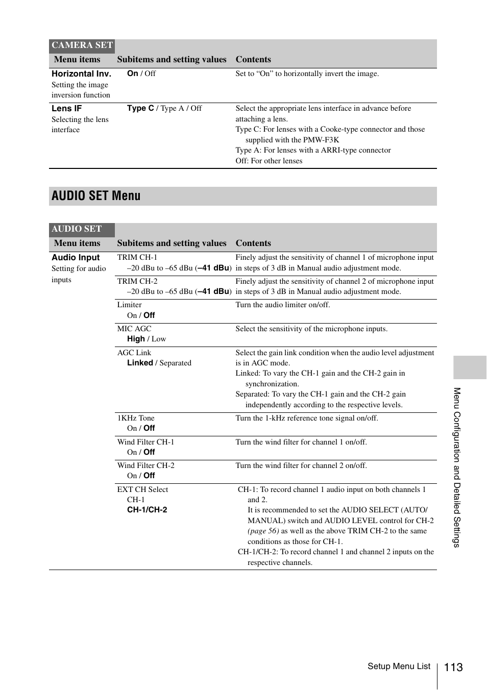 Audio set menu | Sony PMW-F3K User Manual | Page 113 / 164