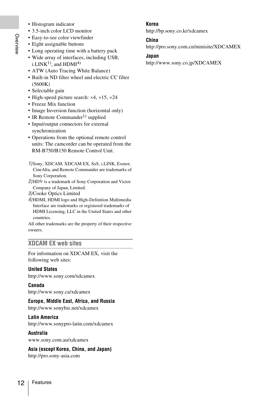 Xdcam ex web sites | Sony PMW-F3K User Manual | Page 12 / 164