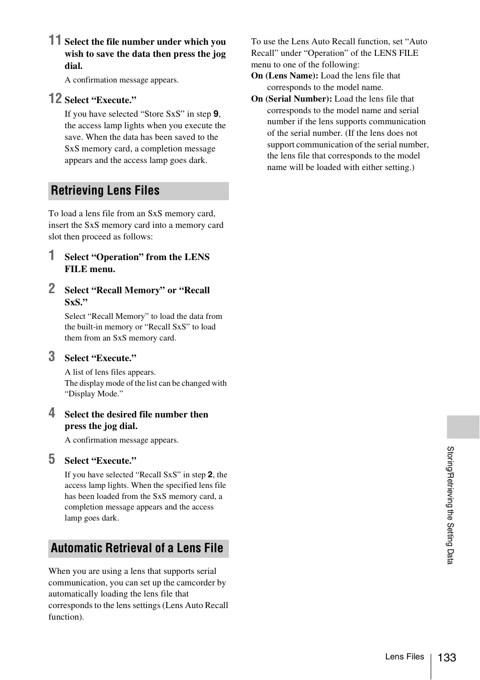 Retrieving lens files, Automatic retrieval of a lens file | Sony PMW-F3K User Manual | Page 133 / 164