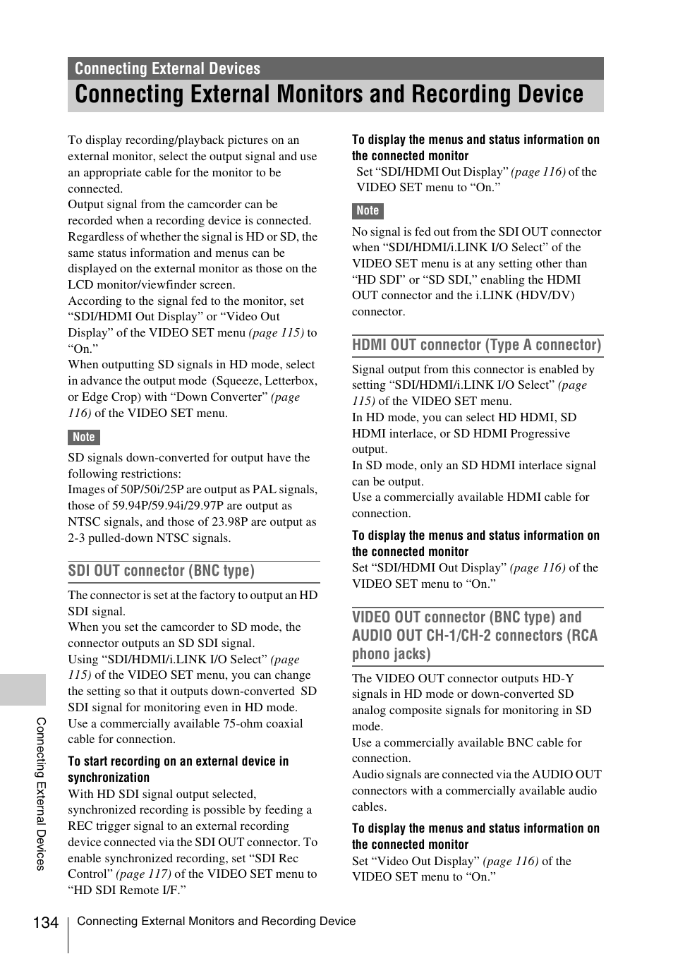 Connecting external devices, Connecting external monitors and recording device | Sony PMW-F3K User Manual | Page 134 / 164