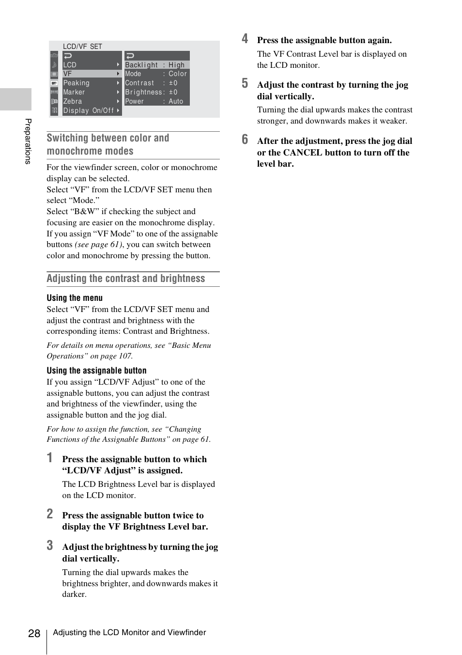 Switching between color and monochrome modes, Adjusting the contrast and brightness | Sony PMW-F3K User Manual | Page 28 / 164