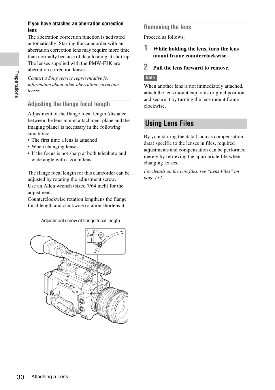 Using lens files, Adjusting the flange focal length, Removing the lens | Pull the lens forward to remove | Sony PMW-F3K User Manual | Page 30 / 164