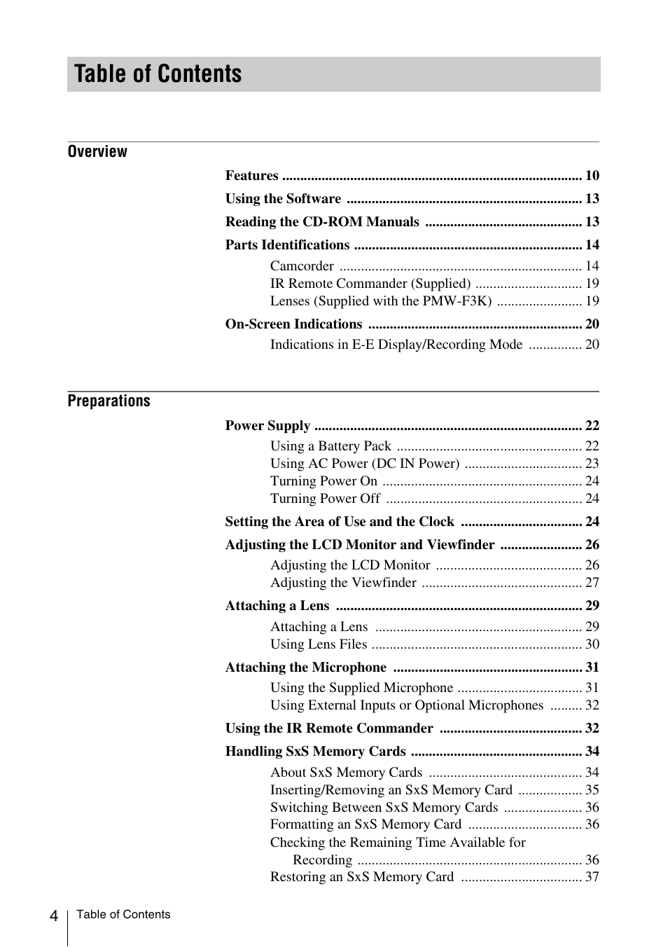 Sony PMW-F3K User Manual | Page 4 / 164