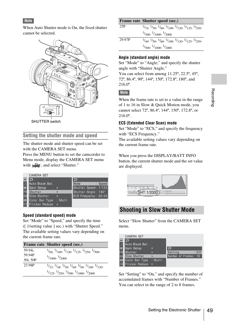 Shooting in slow shutter mode, Setting the shutter mode and speed | Sony PMW-F3K User Manual | Page 49 / 164