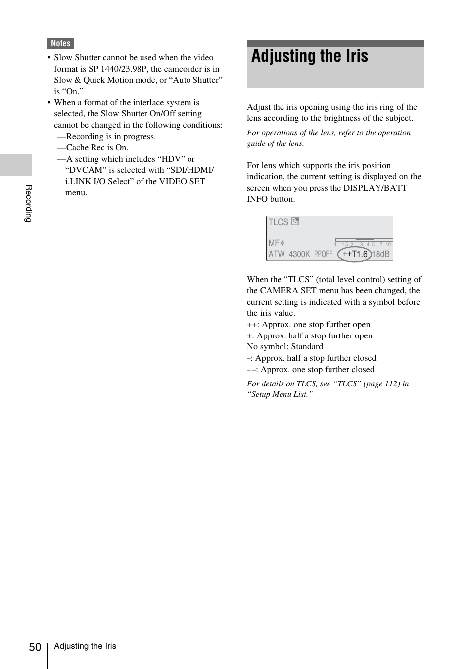 Adjusting the iris | Sony PMW-F3K User Manual | Page 50 / 164