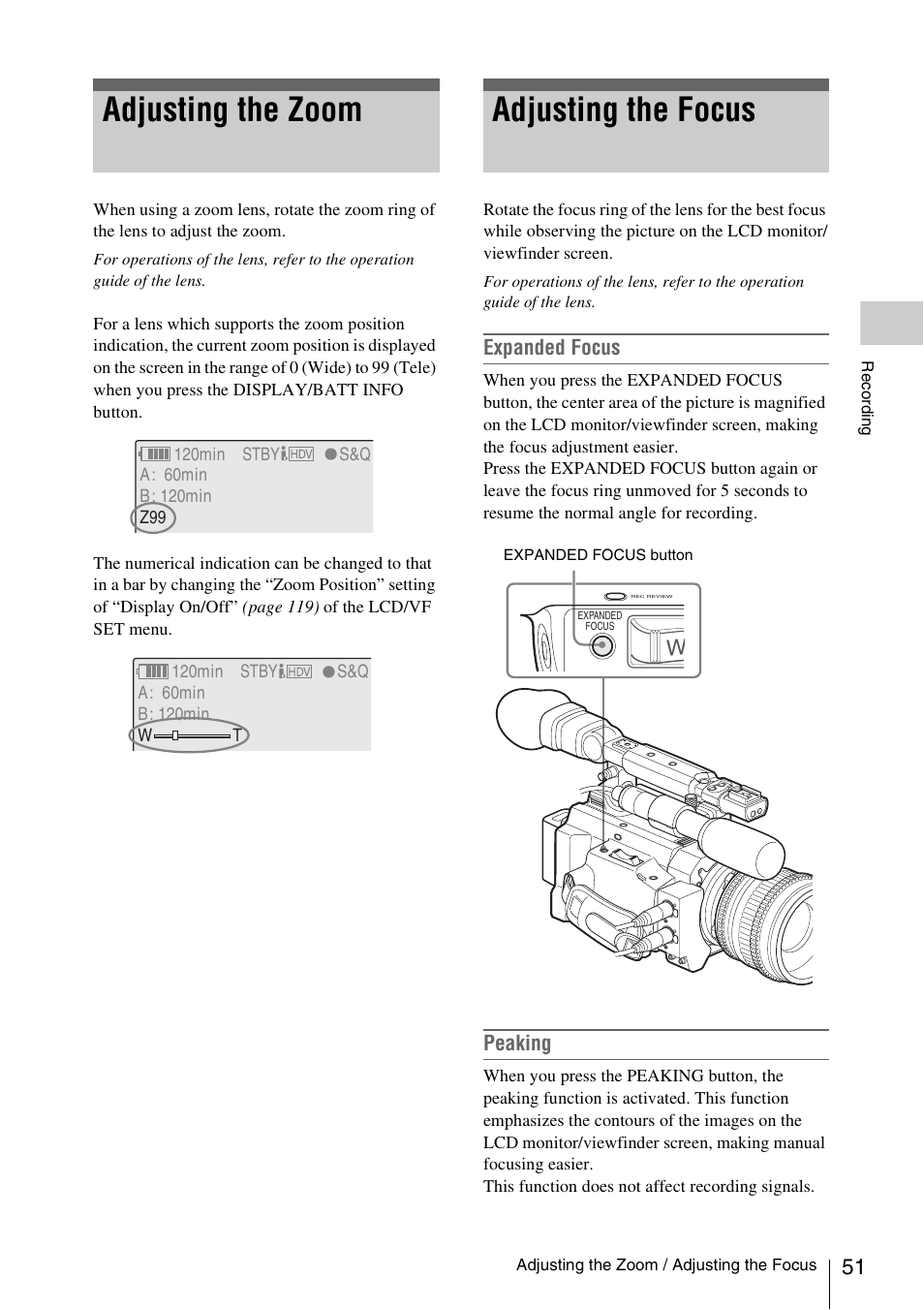 Adjusting the zoom, Adjusting the focus, Expanded focus | Peaking | Sony PMW-F3K User Manual | Page 51 / 164