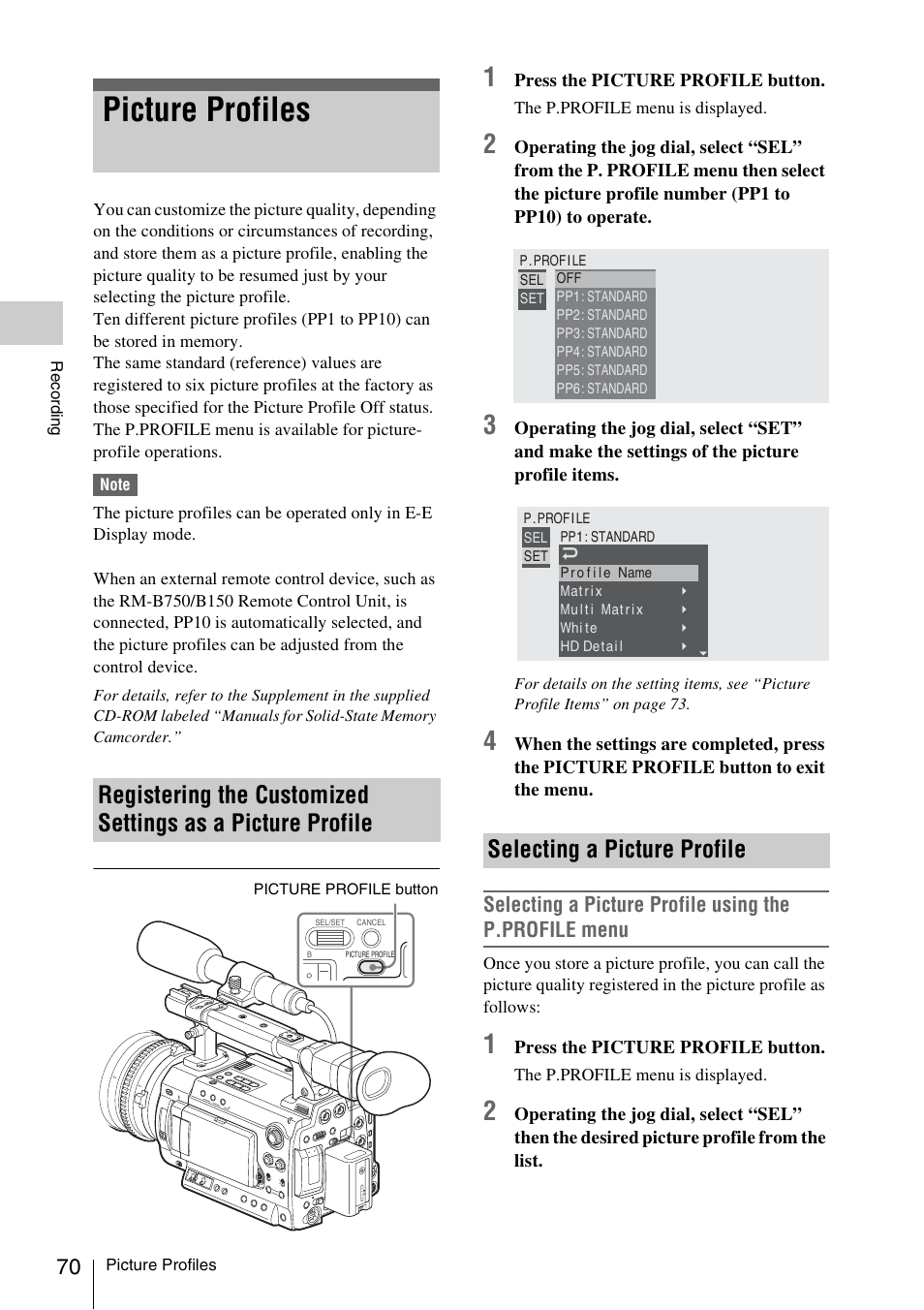 Picture profiles, Selecting a picture profile, Registering the customized settings as a picture | Profile | Sony PMW-F3K User Manual | Page 70 / 164