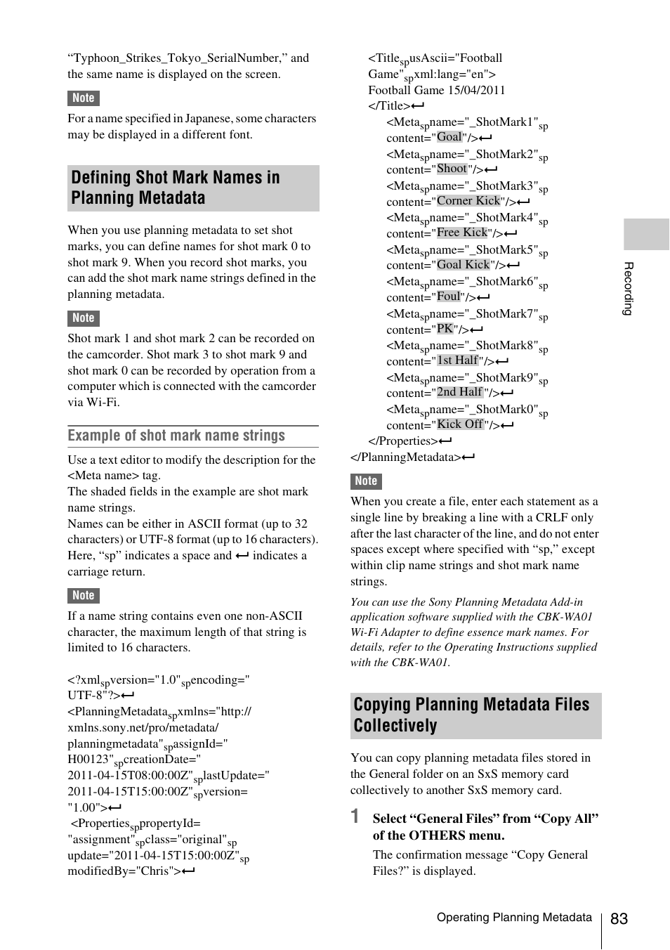 Defining shot mark names in planning metadata, Copying planning metadata files collectively, Example of shot mark name strings | Sony PMW-F3K User Manual | Page 83 / 164