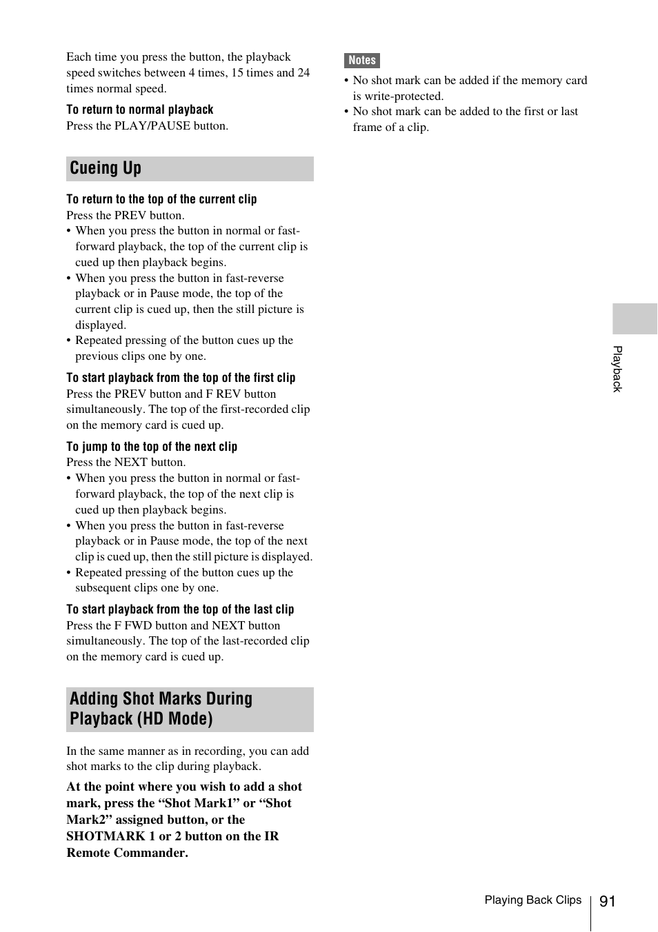 Cueing up, Adding shot marks during playback (hd mode) | Sony PMW-F3K User Manual | Page 91 / 164