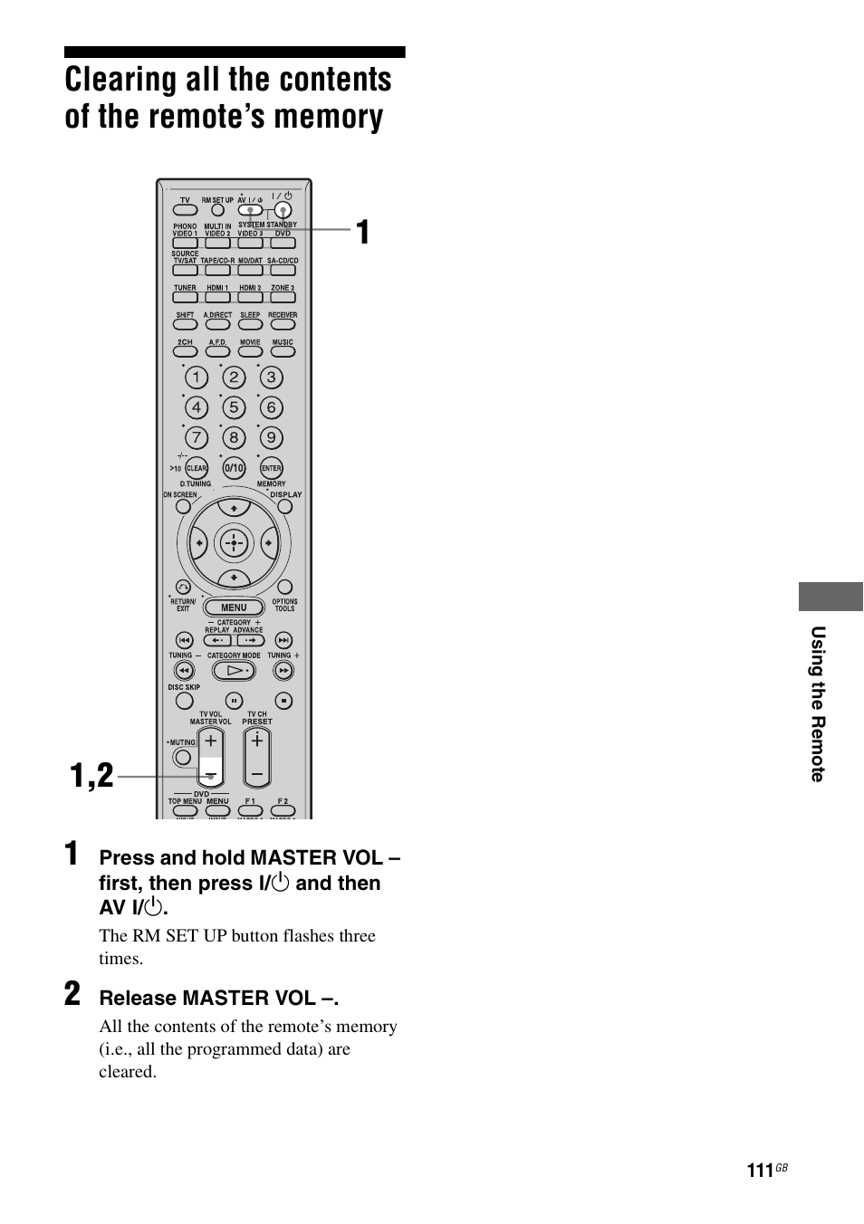 Clearing all the contents of the remote’s memory, Clearing all the contents of the remote’s, Memory | Sony STR-DG1000 User Manual | Page 111 / 123