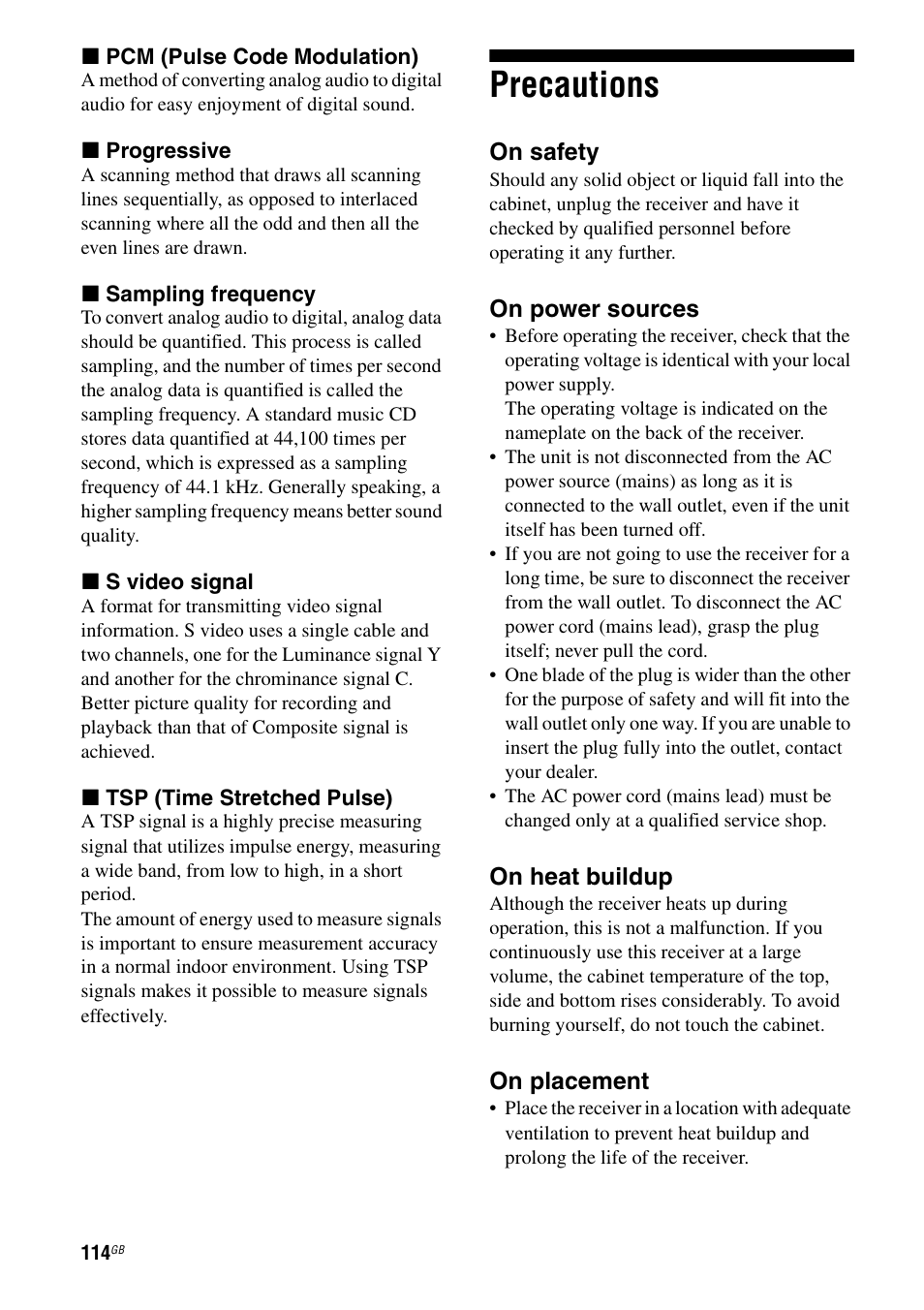 Precautions | Sony STR-DG1000 User Manual | Page 114 / 123