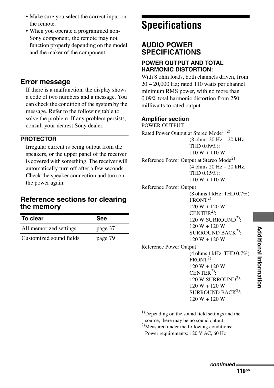 Specifications, Error message, Audio power specifications | Sony STR-DG1000 User Manual | Page 119 / 123