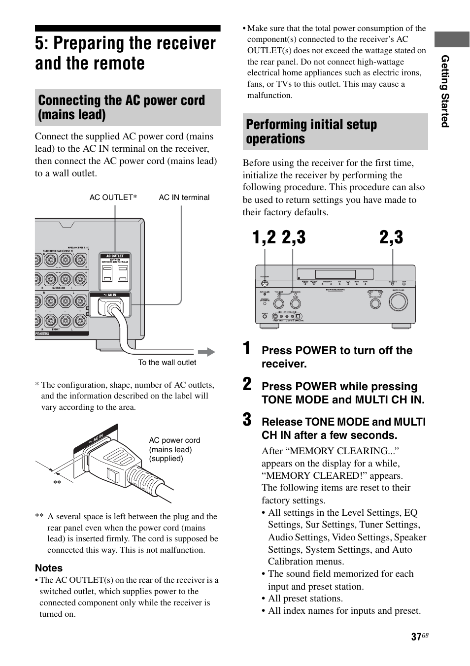 Preparing the receiver and the remote, Connecting the ac power cord (mains lead), Performing initial setup operations | Sony STR-DG1000 User Manual | Page 37 / 123