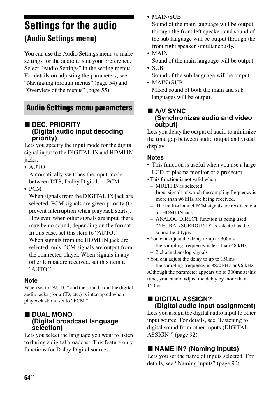Settings for the audio (audio settings menu), Settings for the audio, Audio settings menu) | Audio settings menu parameters | Sony STR-DG1000 User Manual | Page 64 / 123