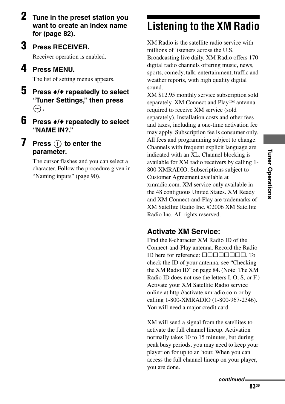 Listening to the xm radio, E 83 | Sony STR-DG1000 User Manual | Page 83 / 123