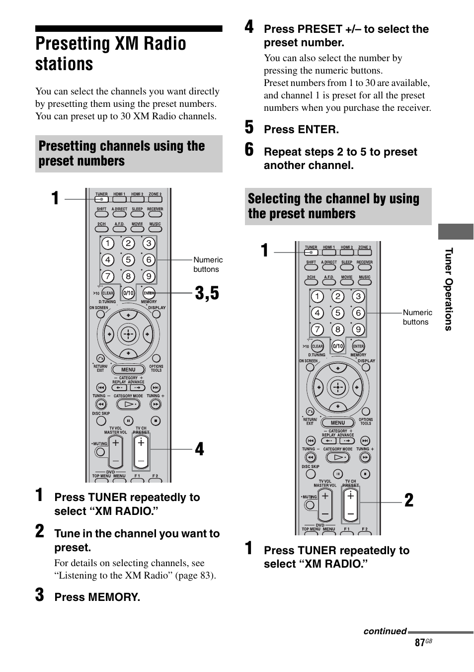 Presetting xm radio stations | Sony STR-DG1000 User Manual | Page 87 / 123