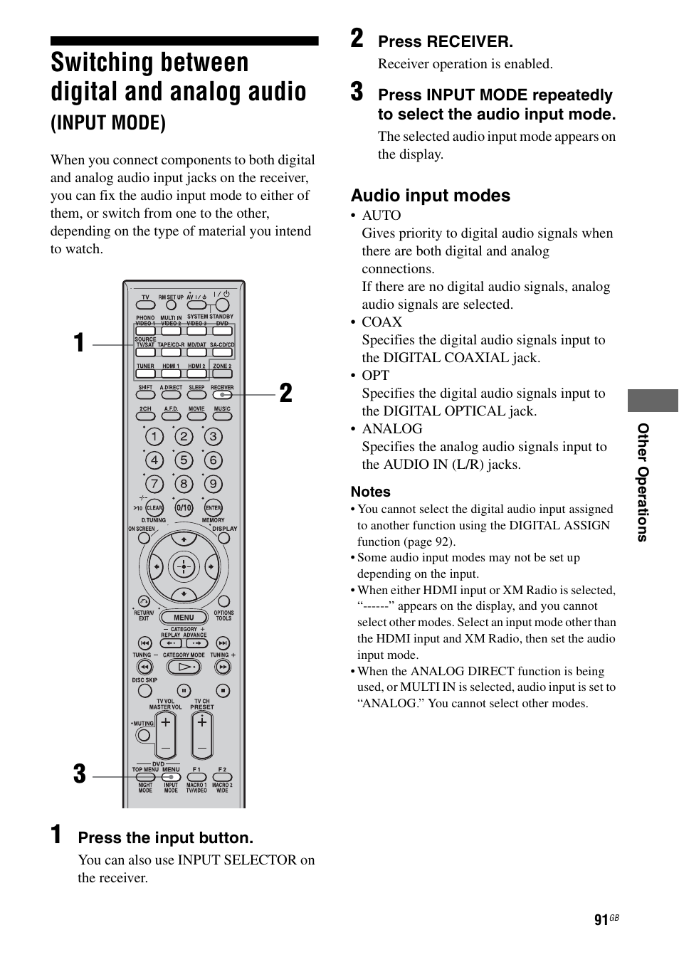 Switching between digital and analog audio, Input mode), E 91 | E 91) | Sony STR-DG1000 User Manual | Page 91 / 123